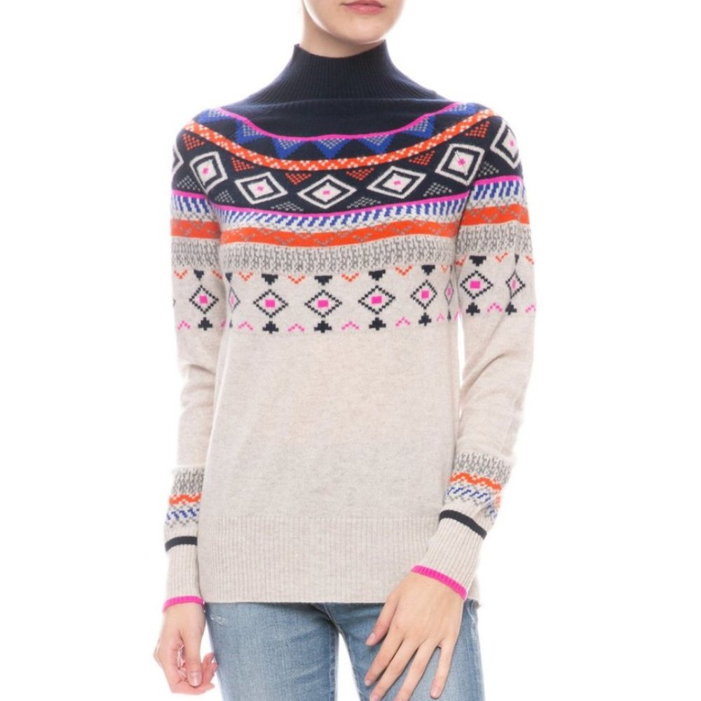 Autumn Cashmere Fair Isle Mock Sweater in Mojave/Navy Size Medium